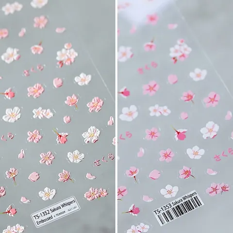 5D Embossed Sakura Cherry Blossom Nail Art Stickers Japanese Pink White Floral Manicure Decor Back Adhesive Nail Decals