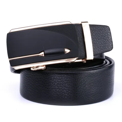 Men Genuine Leather Belt With Automatic Alloy Buckle Business Casual Split Cowhide Waist Strap Lychee Pattern Fashion Accessory