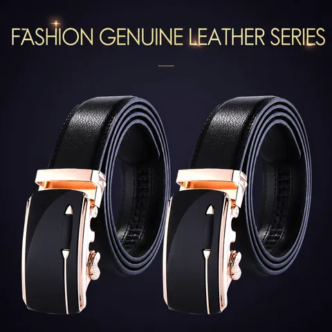 Men Genuine Leather Belt With Automatic Alloy Buckle Business Casual Split Cowhide Waist Strap Lychee Pattern Fashion Accessory