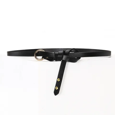 Women Thin Cowhide Belt Vintage Minimalist Genuine Leather Waist Belt Gold Round Buckle Adjustable Tie Waist Strap For Dress Accessories