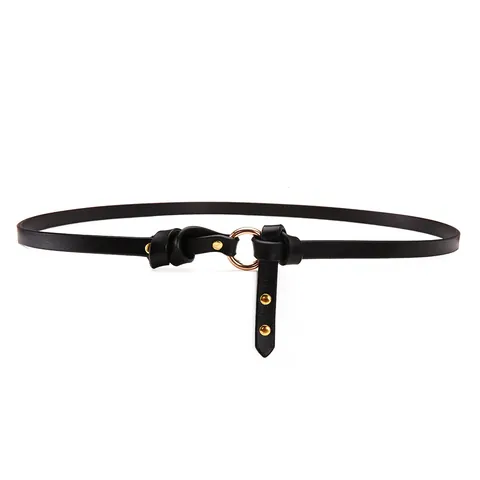 Women Thin Cowhide Belt Vintage Minimalist Genuine Leather Waist Belt Gold Round Buckle Adjustable Tie Waist Strap For Dress Accessories