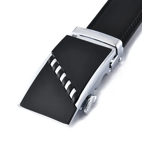 Cintura da Uomo in Vera Pelle Con Fibbia Automatica in Lega a Righe Geometriche Rettangolare Business Casual