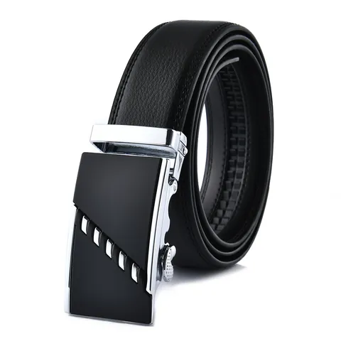 Cintura da Uomo in Vera Pelle Con Fibbia Automatica in Lega a Righe Geometriche Rettangolare Business Casual