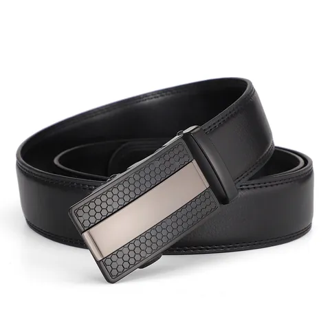 Men's Split Cowhide Leather Automatic Buckle Belt Business Casual Waistband With Honeycomb Pattern Metal Brushed Alloy Buckle
