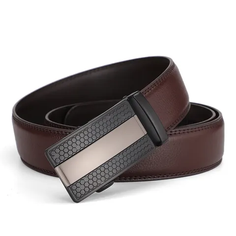 Men's Split Cowhide Leather Automatic Buckle Belt Business Casual Waistband With Honeycomb Pattern Metal Brushed Alloy Buckle