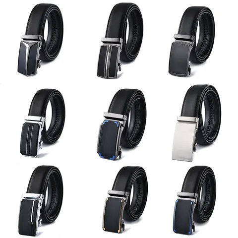 Men Business Fashion Automatic Buckle Split Cowhide Leather Belt Brushed Zinc Alloy Buckle Lychee Pattern Daily Dress Belt