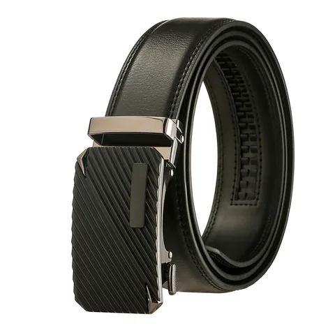 Men Business Casual Split Cowhide Leather Belt Alloy Automatic Buckle Black Solid Diagonal Texture Adjustable Waist Strap
