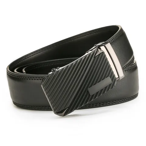 Men Business Casual Split Cowhide Leather Belt Alloy Automatic Buckle Black Solid Diagonal Texture Adjustable Waist Strap