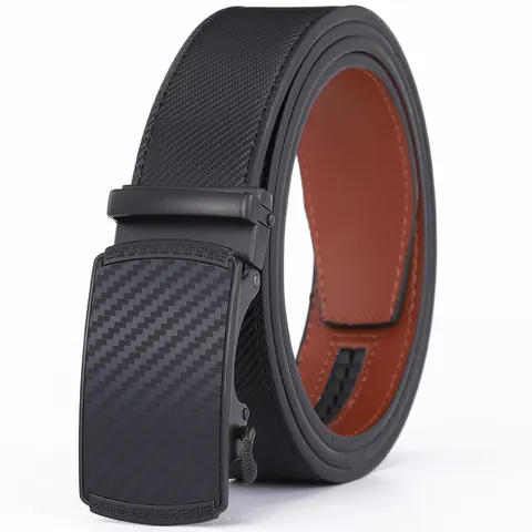 Cintura da Uomo in Vera Pelle Business Con Fibbia Automatica in Lega Texture Fibra di Carbonio Motivo Greca Nero