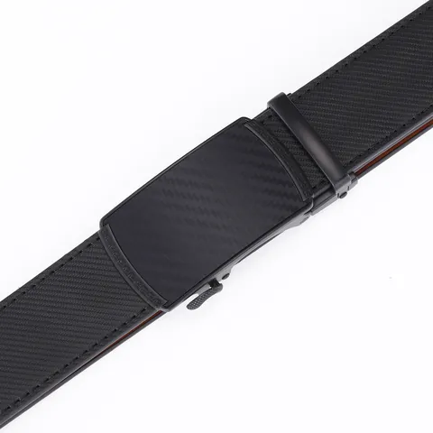 Cintura da Uomo in Vera Pelle Business Con Fibbia Automatica in Lega Texture Fibra di Carbonio Motivo Greca Nero