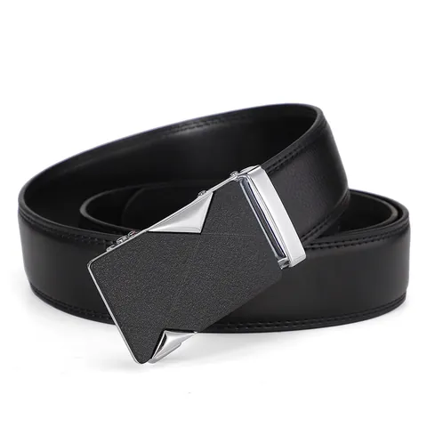 Men Business Casual Split Cowhide Genuine Leather Belt With Geometric Alloy Automatic Buckle Formal Minimalist Waist Strap Black Brown