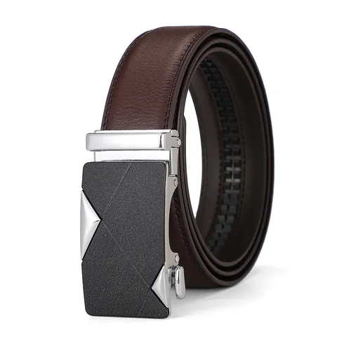 Men Business Casual Split Cowhide Genuine Leather Belt With Geometric Alloy Automatic Buckle Formal Minimalist Waist Strap Black Brown