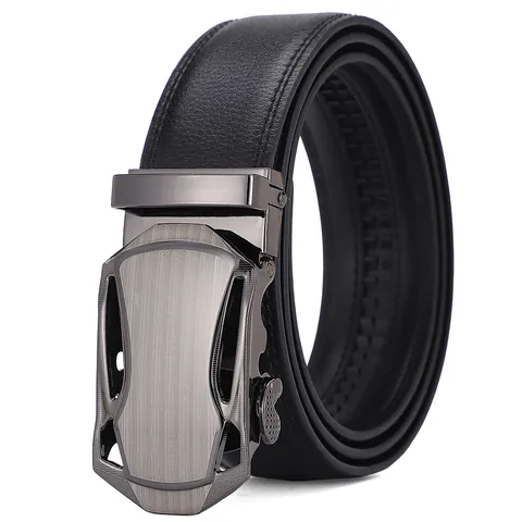Men's Genuine Leather Belt With Zinc Alloy Automatic Slide Buckle Brushed Metal Litchi Grain Split Cowhide Business Casual Waistband