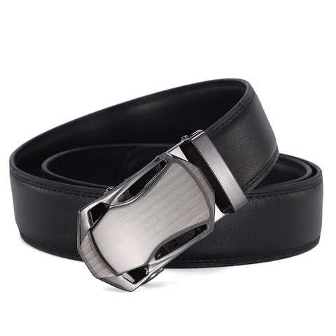 Men's Genuine Leather Belt With Zinc Alloy Automatic Slide Buckle Brushed Metal Litchi Grain Split Cowhide Business Casual Waistband