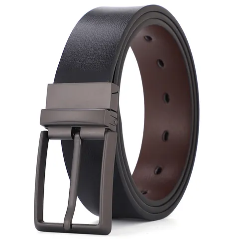 Men Split Cowhide Leather Belt Reversible Dual Sided Black Brown Pin Buckle Business Casual Zinc Alloy Rotating Buckle