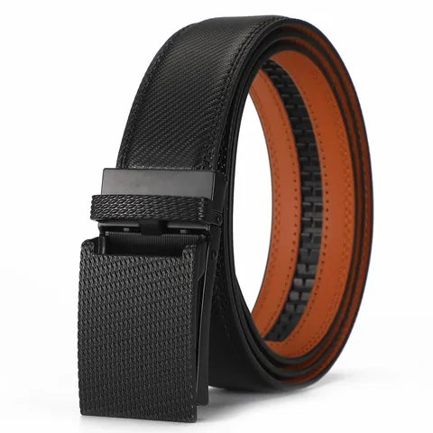 Split Leather Men Automatic Buckle Belt Business Casual Embossed Geometric Pattern Waistband For Office Everyday Fashion