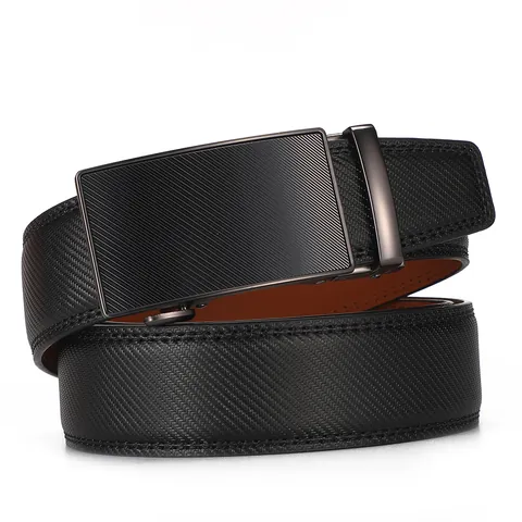 Cinturón de Cuero de Vaca Genuino para Hombre Hebilla Automática Negro Textura de Fibra de Carbono Cintura de Negocios