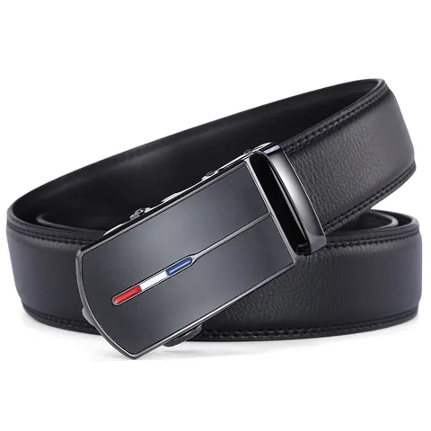 High Grade Men's Split Cowhide Leather Belt Business Casual Style Automatic Alloy Buckle Waistband With Tricolor Stripes For Men