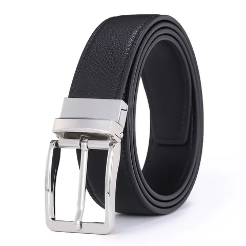 Men Reversible Genuine Split Leather Belt Rotating Zinc Alloy Pin Buckle Pebbled Texture Business Casual Waist Strap For Men