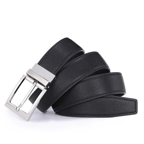 Men Cowhide Leather Belt Rotatable Zinc Alloy Pin Buckle Business Casual Embossed Lychee Pattern Fashion Waist Belt Black