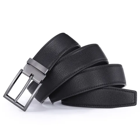 Cintura da Uomo in Vera Pelle Fibbia ad Ardiglione in Lega di Zinco Nero Texture Litchi Business Casual per Jeans Gioielli Uomo