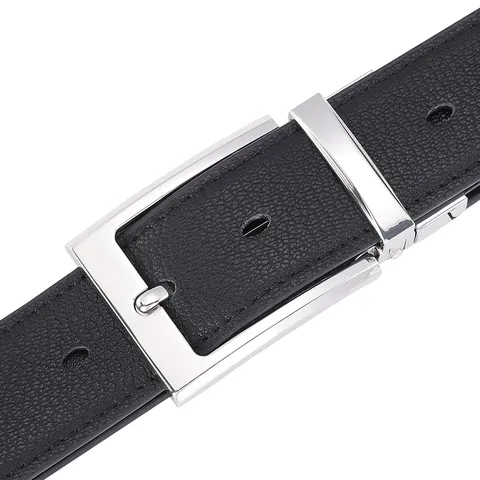 Men Cowhide Leather Belt Rotatable Zinc Alloy Pin Buckle Business Casual Embossed Lychee Pattern Fashion Waist Belt Black