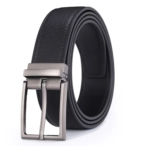 Men's Reversible Leather Belt With Rotating Zinc Alloy Pin Buckle Business Casual Black Split Cowhide Adjustable Waist Strap