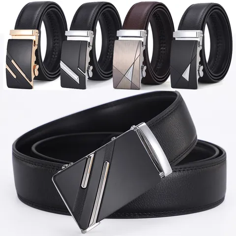 Men Genuine Leather Belt Automatic Alloy Buckle Business Casual Split Cowhide Waist Strap For Trousers Adjustable Jeans