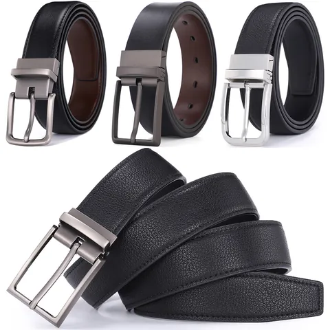Men's Reversible Leather Belt With Rotating Zinc Alloy Pin Buckle Business Casual Lychee Pattern Waist Strap For Teenagers Student Gift