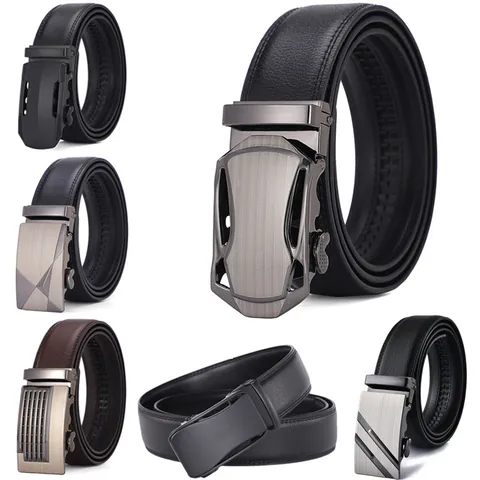Men's Business Genuine Leather Belt Alloy Automatic Buckle Split Cowhide Leather Waist Strap For Men Casual Solid Color