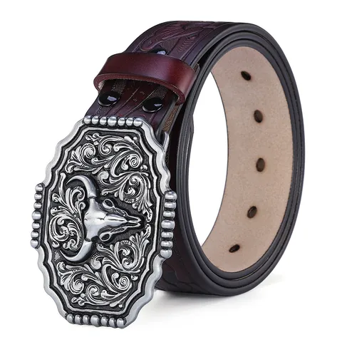 Herren Western Cowboy Vintage Gürtel Spaltleder Geprägtes Blumenmuster Legierung Stierkopf Geschnitzte Schnalle Mode Accessoire
