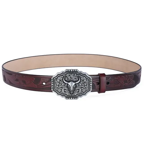 Herren Western Cowboy Vintage Gürtel Spaltleder Geprägtes Blumenmuster Legierung Stierkopf Geschnitzte Schnalle Mode Accessoire