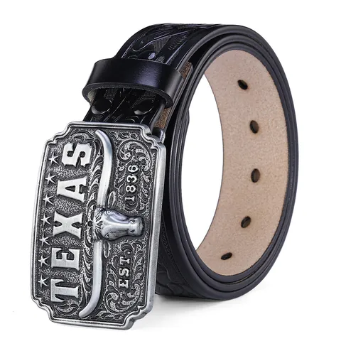 Western Cowboy Gürtel Für Herren Vintage Geprägtes Rindsleder Legierung Texas Longhorn Bullenkopf Schnalle Lässiger Jeans Gürtel