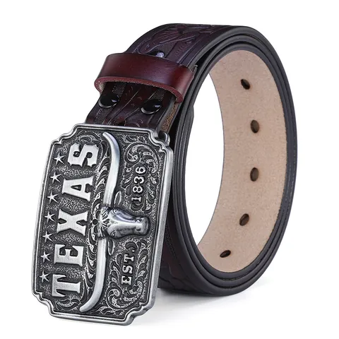 Western Cowboy Gürtel Für Herren Vintage Geprägtes Rindsleder Legierung Texas Longhorn Bullenkopf Schnalle Lässiger Jeans Gürtel