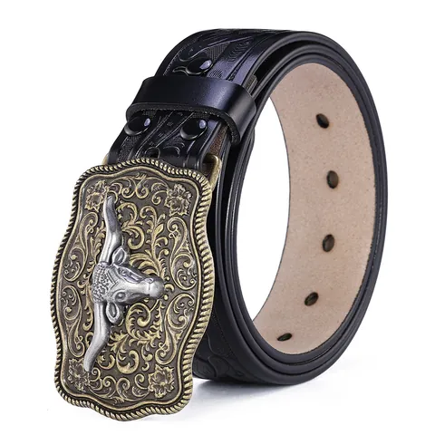 Herren Western Cowboy Echtleder Gürtel Mit Legierung Longhorn Stierkopf Schnalle Retro Blumenprägung Punk Stil Taillengürtel