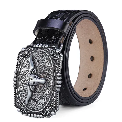 Vintage Western Cowboy Herren Ledergürtel Große Stierkopf Legierung Schnalle Geprägt Floral Punk Streetwear Taille Jeans Gürtel
