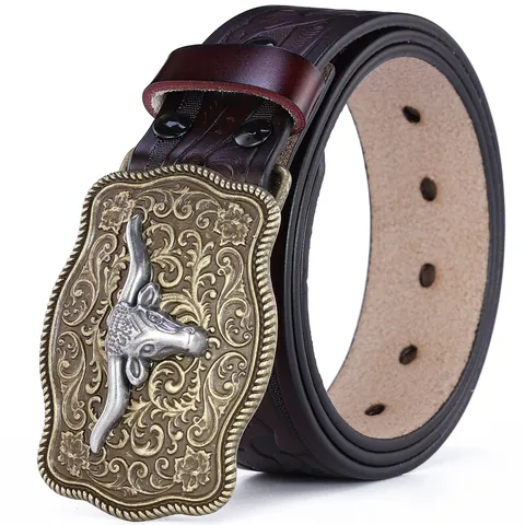 Herren Western Cowboy Echtleder Gürtel Mit Legierung Longhorn Stierkopf Schnalle Retro Blumenprägung Punk Stil Taillengürtel