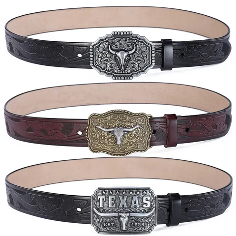 Western Cowboy Men Belt Vintage Embossed Split Cowhide Leather Waist Strap With Large Bull Head Metal Alloy Buckle Punk Style Jeans Accessory