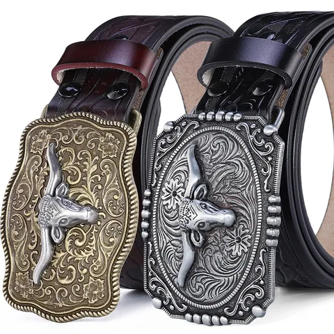 Western Cowboy Men Belt Vintage Embossed Split Cowhide Leather Waist Strap With Large Bull Head Metal Alloy Buckle Punk Style Jeans Accessory