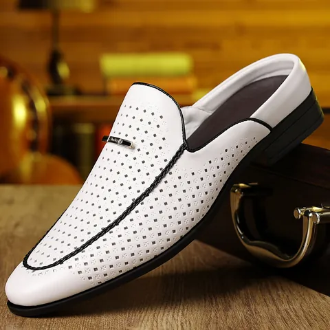 Men Hollow Out Mules Microfiber Leather Loafers Closed Toe Slip On Slides Breathable Non Slip Summer Outdoor Casual Retro Shoes
