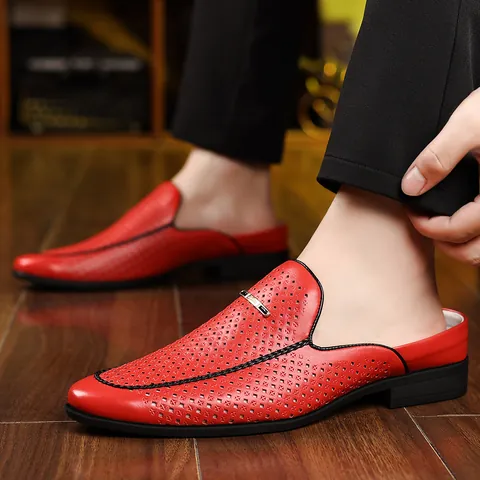 Men Hollow Out Mules Microfiber Leather Loafers Closed Toe Slip On Slides Breathable Non Slip Summer Outdoor Casual Retro Shoes