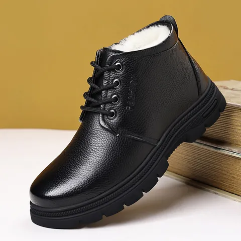 Men's Genuine Leather Snow Boots With Wool Lining Winter Warm High Top Shoes Side Zipper Anti-Slip Thick Sole Cotton Boots