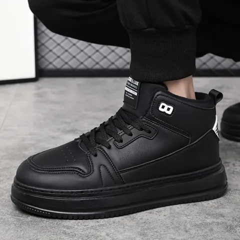 Sneakers Montantes pour Hommes Hiver Chaud Doublé de Polaire Cuir Microfibre Chaussures de Skate Décontractées Semelle Épaisse Antidérapante Streetwear