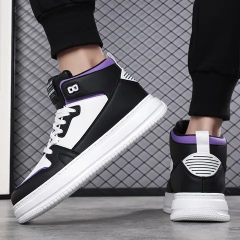 Sneakers Montantes pour Hommes Hiver Chaud Doublé de Polaire Cuir Microfibre Chaussures de Skate Décontractées Semelle Épaisse Antidérapante Streetwear