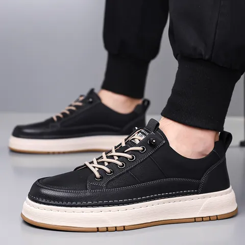 Men's Casual Cowhide Leather Sneakers Breathable Soft Sole Low Top Board Shoes Fashion Non-slip Vintage Outdoor Footwear