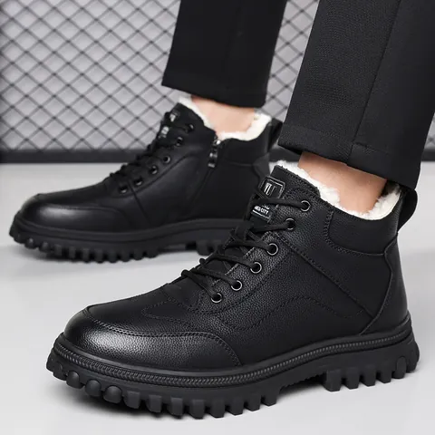 Men Winter Snow Boots Fleece Lined Warm Microfiber Leather Business Casual Outdoor Anti Slip Thick Sole Side Zip Boots