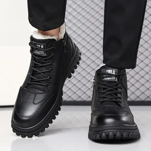 Men Winter Snow Boots Fleece Lined Warm Microfiber Leather Business Casual Outdoor Anti Slip Thick Sole Side Zip Boots