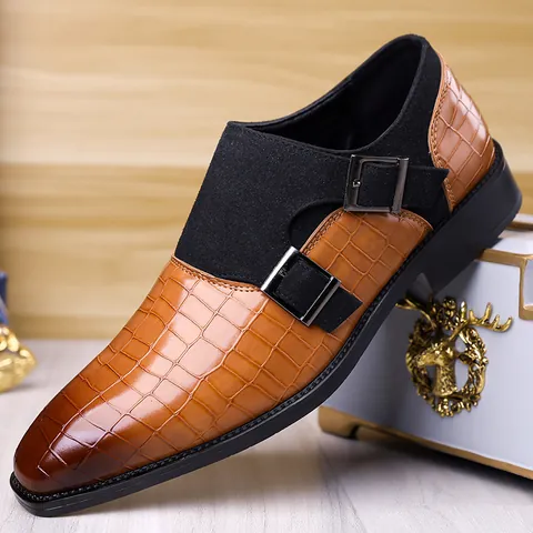 Men's Double Monk Strap Dress Shoes Crocodile Pattern Leather Patchwork British Style Formal Business Office Shoes For Men