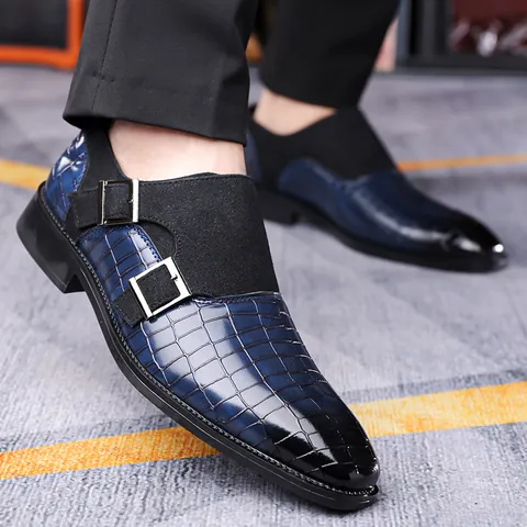Men's Double Monk Strap Dress Shoes Crocodile Pattern Leather Patchwork British Style Formal Business Office Shoes For Men