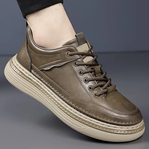 Men's Fashion Casual Microfiber Leather Board Shoes British Style Lightweight Wear Resistant Thick Sole Lace Up Sneakers